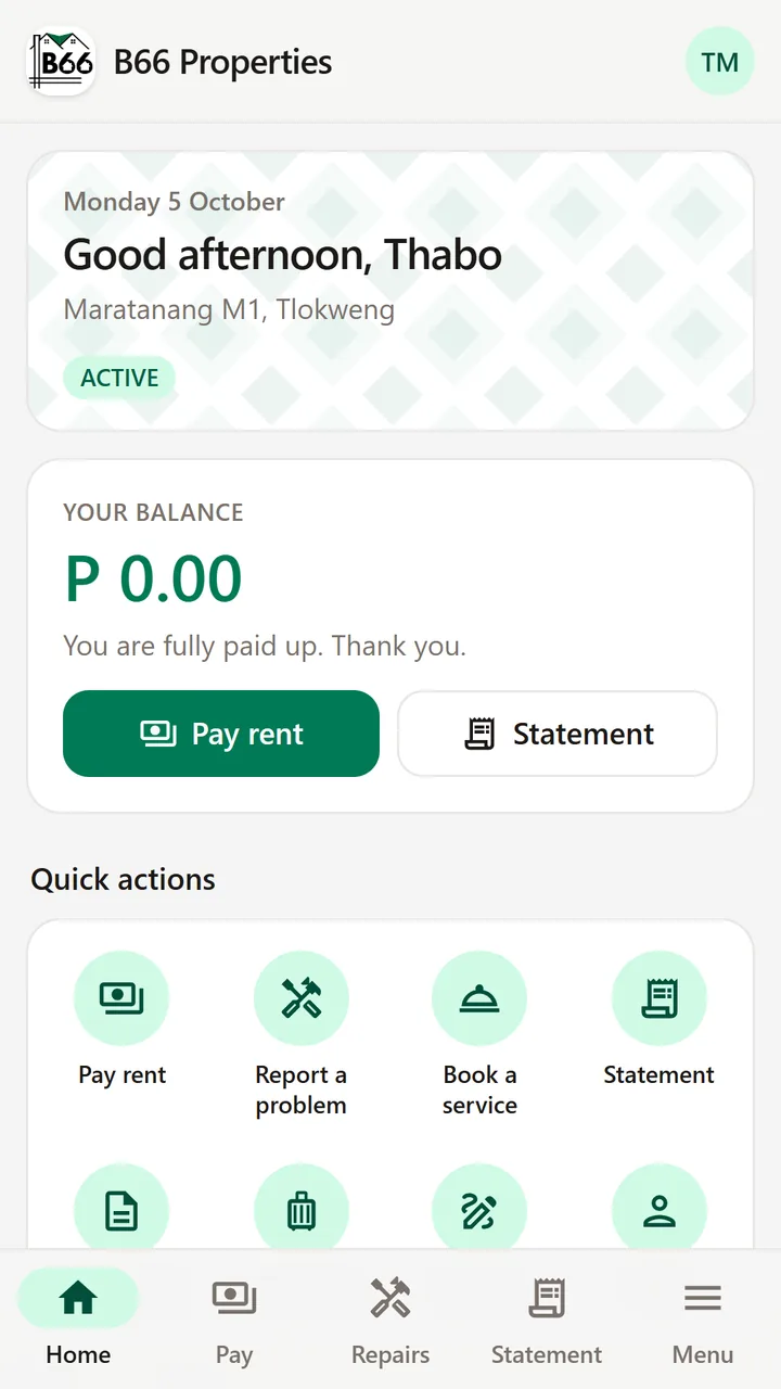 A tenant's home screen in B66: a balance of P 0.00, Pay rent and Statement buttons, and quick actions.